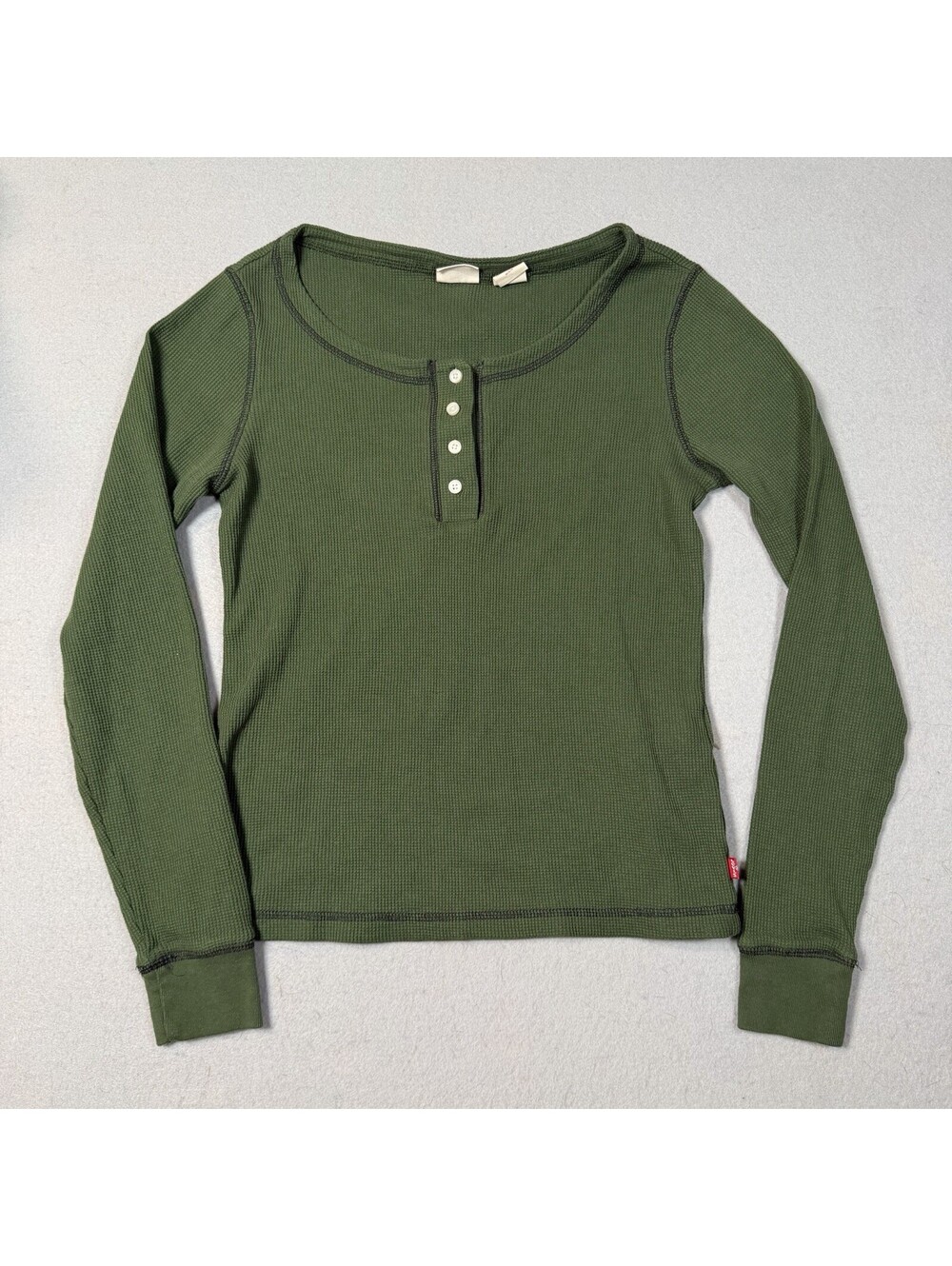 Levi's Waffle Knit Henley Long Sleeve Top Green Button Accent Women's Medium